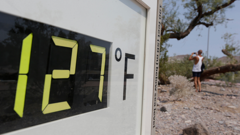 A 2013 photo shows the Furnace Creek Visitor Center thermometer. It reached 127 degrees Fahrenheit four times in July 2018.